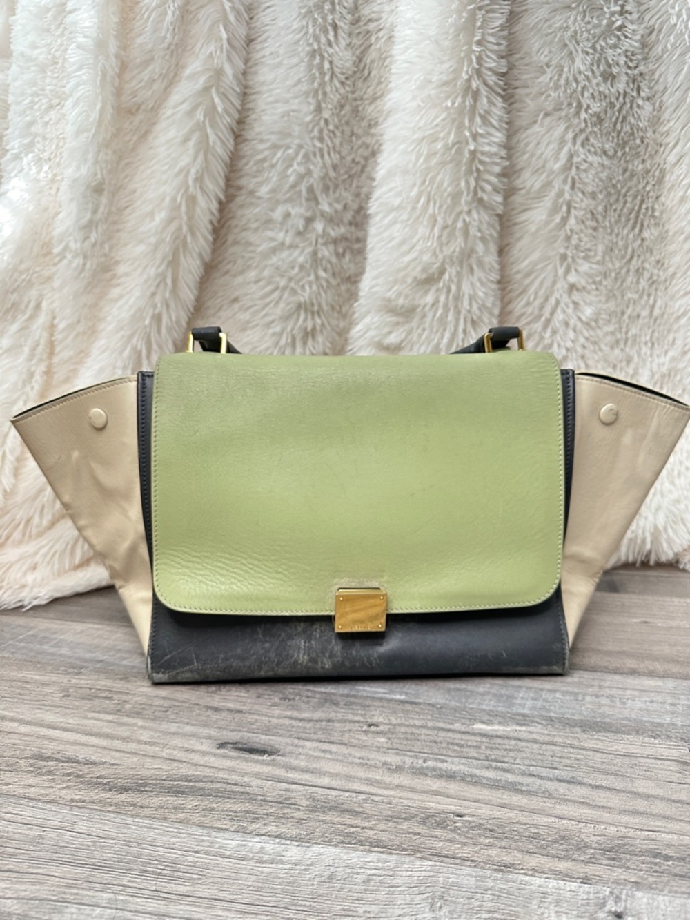 Spring Colour Celine Trapeze Leather Shoulder Bags Tri-Colour Handbag Purse Auth